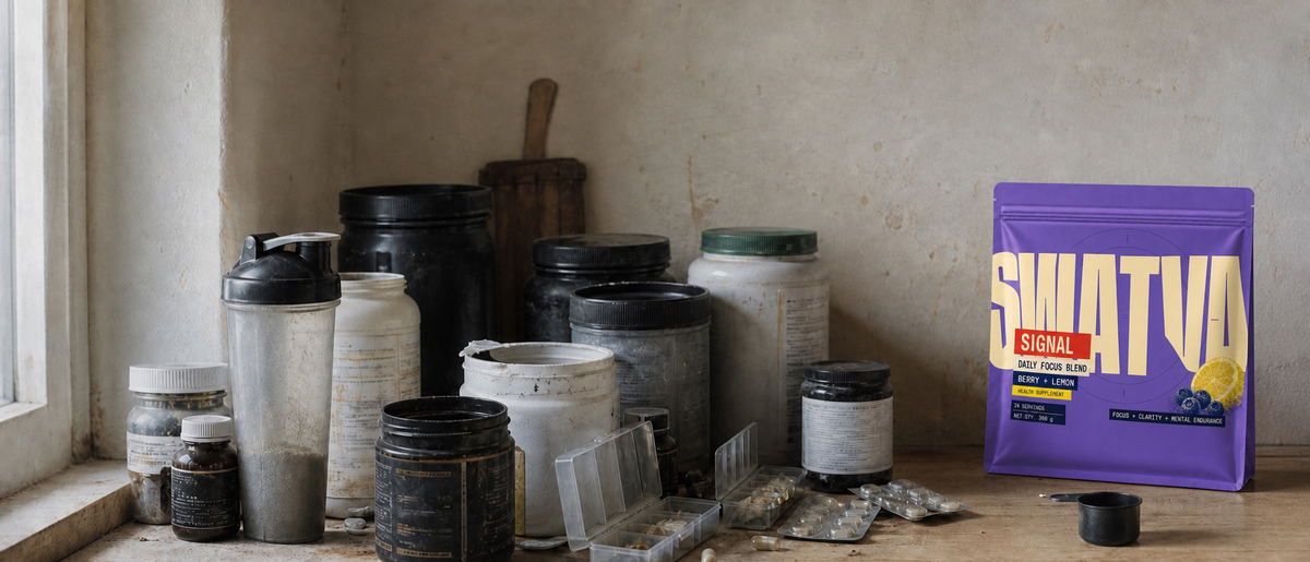 A shelf of old supplement tubs beside a single Signal pouch
