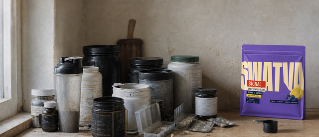 A shelf of old supplement tubs beside a single Signal pouch
