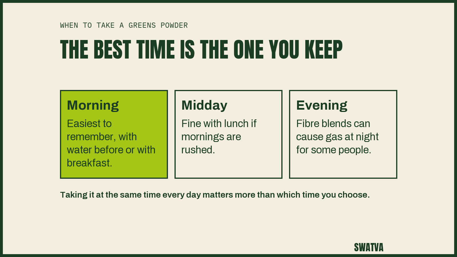 When to take a greens powder: morning is easiest to keep, midday works with lunch, and fibre blends can cause gas at night for some people