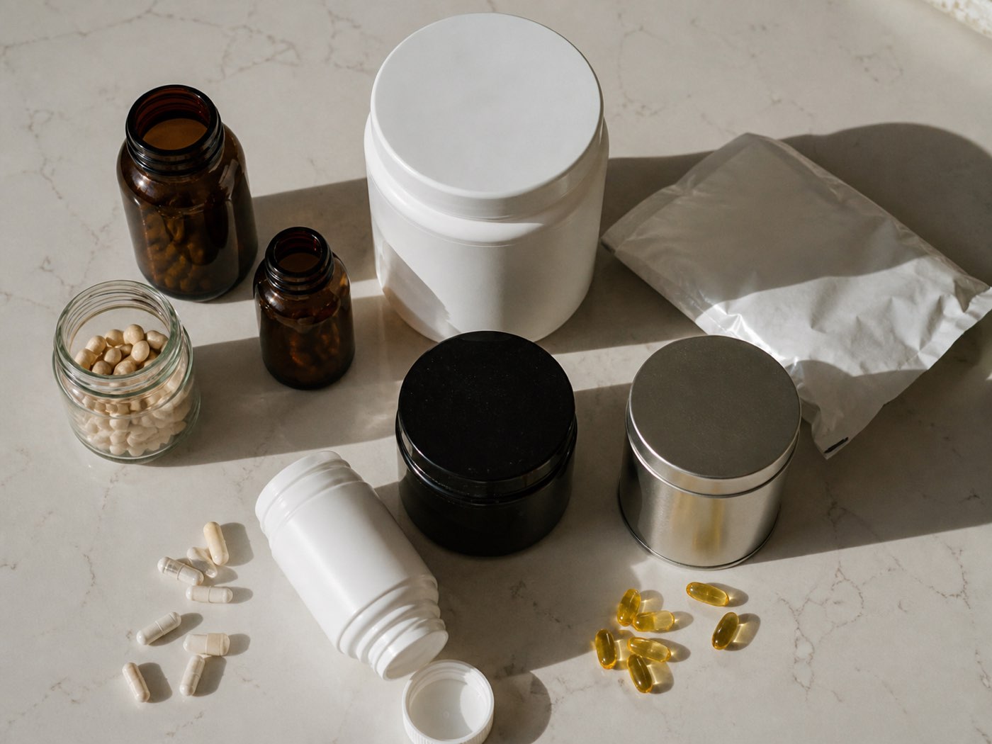 A crowded shelf of mismatched supplement bottles in a kitchen