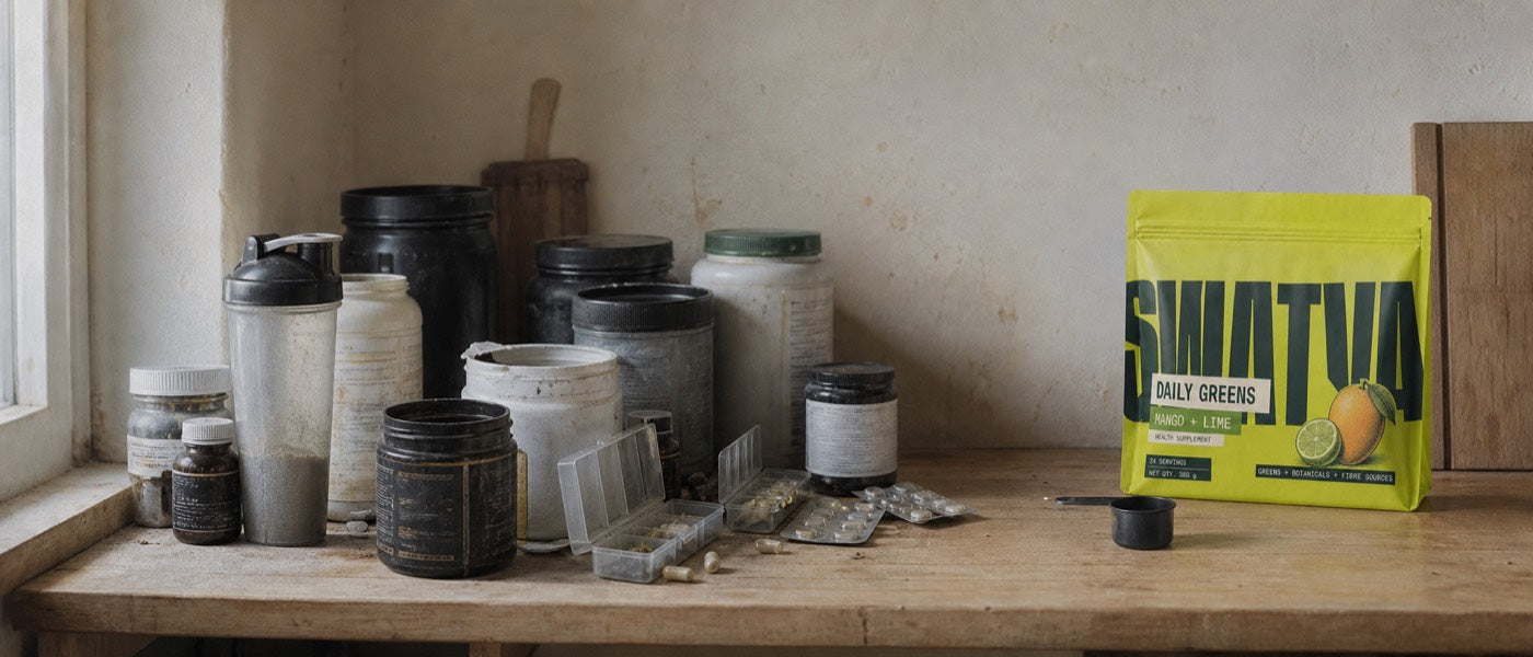 A shelf of old mismatched supplement tubs, pill organisers and blister packs in dim light, and one clean Daily Greens pouch with its scoop standing apart in daylight