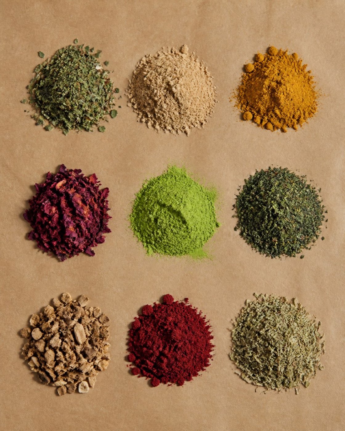 Raw ingredient piles arranged in a grid on brown paper, shot from directly above