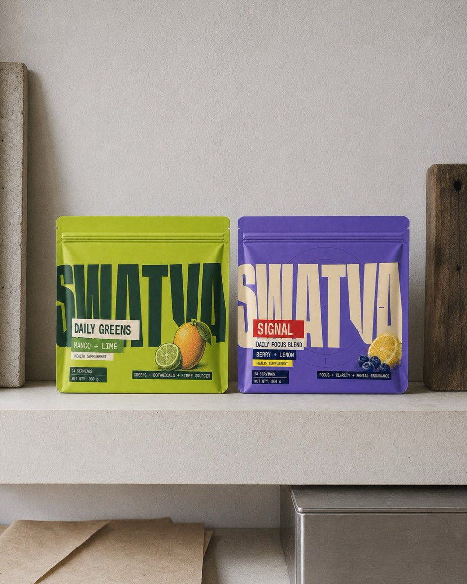 Two supplement pouches standing side by side on a plain shelf, one lime green and one purple