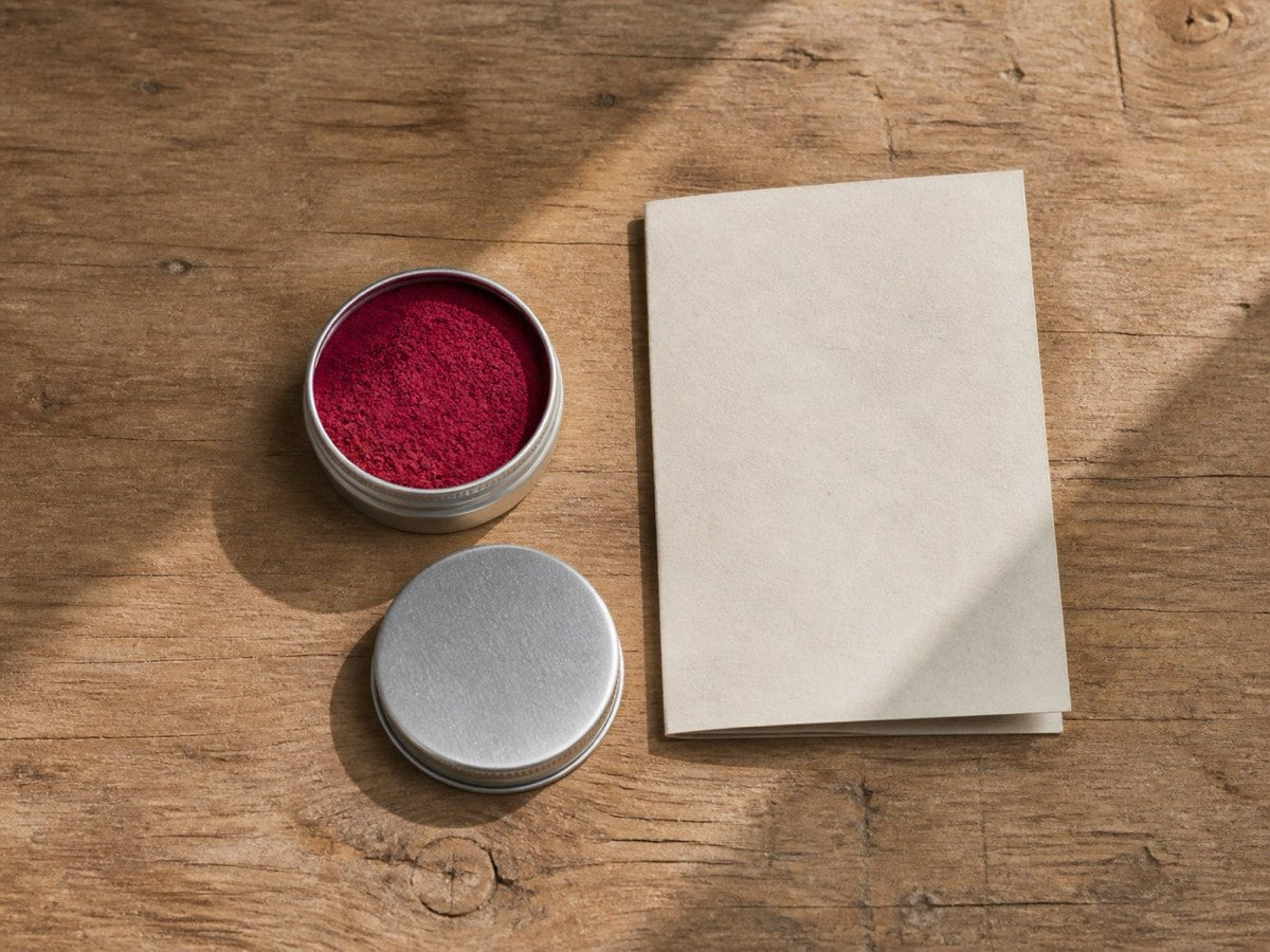 A small steel travel tin with a screw lid beside a folded card